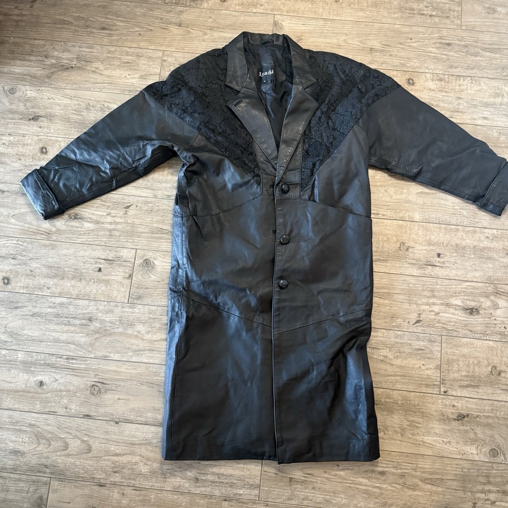 Learsi Womens Leather Coat Medium Black Paisley Panel Long Jacket Vintage Style